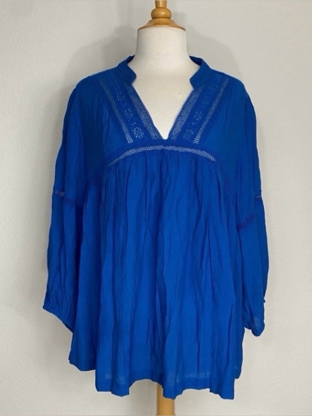 Zac & Rachel Women's Cobalt Blue Gauzy Crochet V Neck Peasant Blouse 2X Coastal